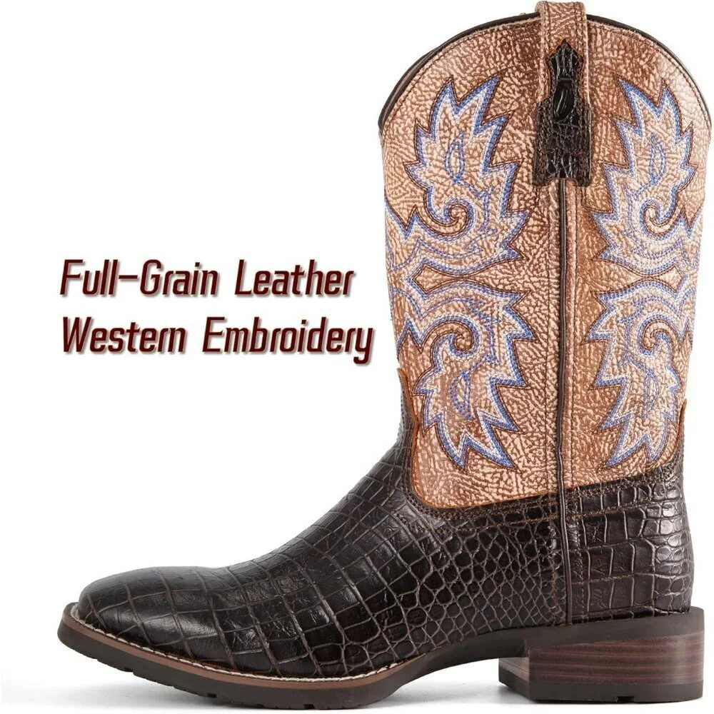 Men Chocolate Caiman Belly Leather Cowboy Bold Crocodile Texture Square Toe Boot